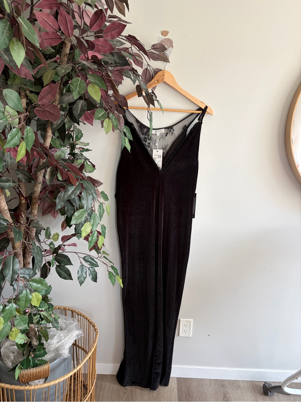 NWT Black Velvet Lace-Trim Slip jumpsuit